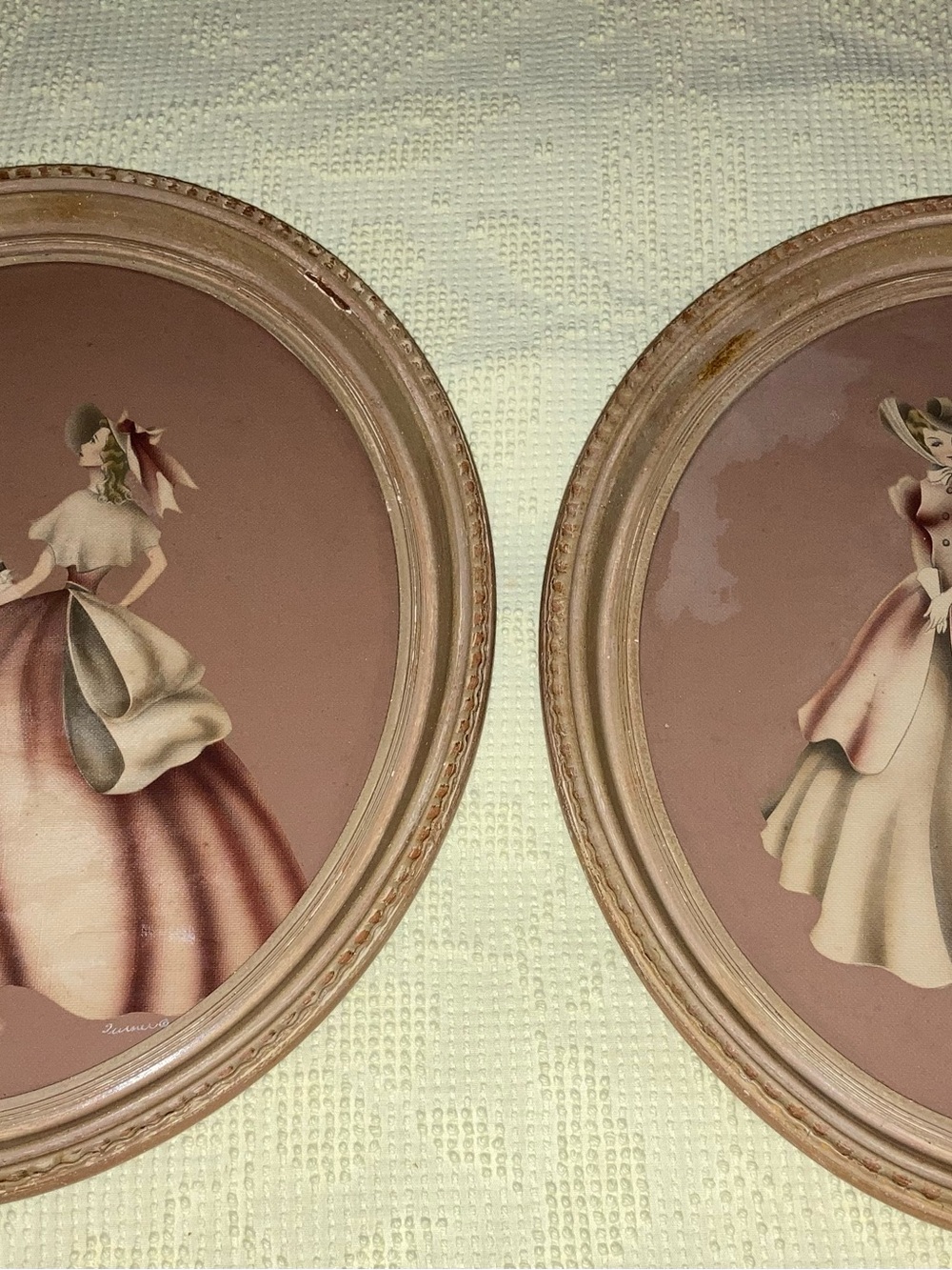 Vintage Victorian Courting Couple Oval Frames Large Art Prints - Set of 2